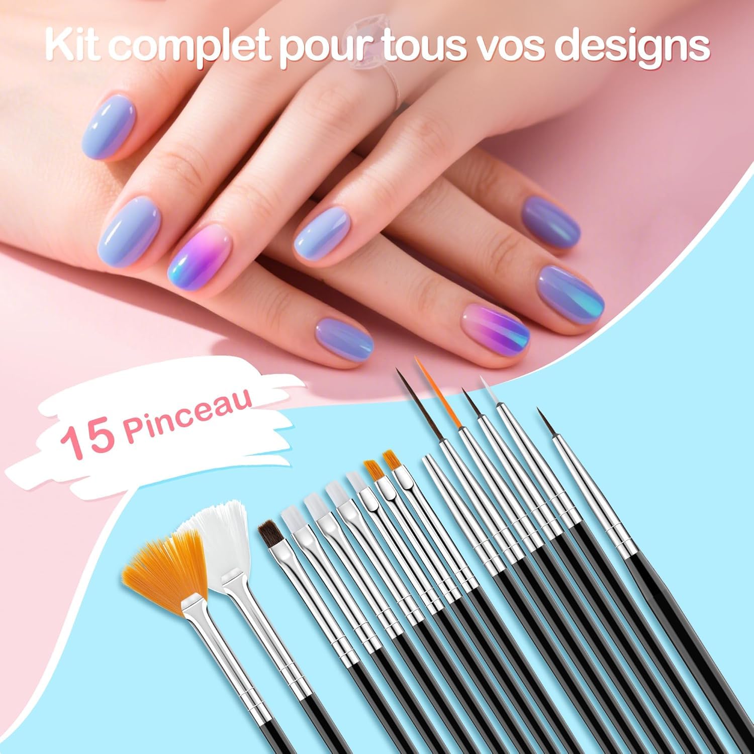 15 pennelli per nail art, pennello per unghie, gel con strumento per unghie, pennello gel UV, per costruzione, pennello in acrilico, pennello per nail art, per fai da te, disegni, colore: nero
