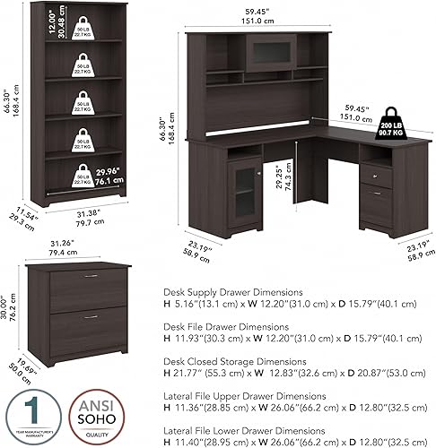 Miniatura 3 de Bush Furniture - Escritorio en forma de L con gabinete, estantería de 5 estantes y archivador lateral  Mesa esquinera para computadora con