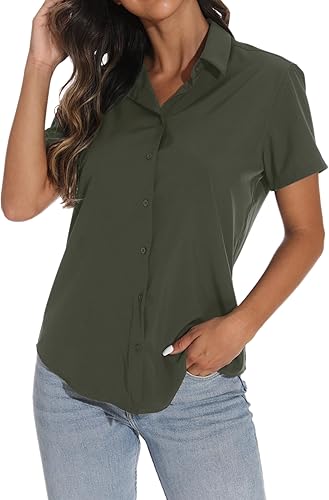 GUANYY Camisa de manga corta con botones para mujer, camisas elegantes y casuales de trabajo, blusas de trabajo con cuello en V