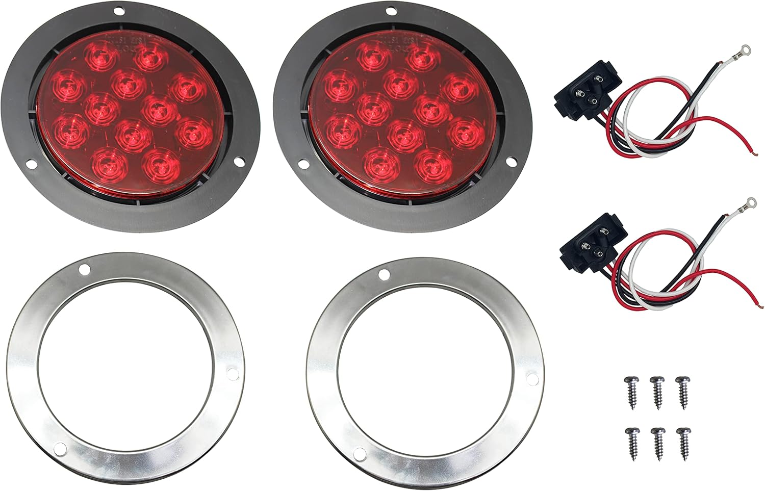MAXXHAUL 2 Pcs 4" Round Red LED Trailer Tail Lights with Stainless Steel Bezel Ring IP67 Stop Brake Turn Tail Lights for Truck Trailer RV Jeep