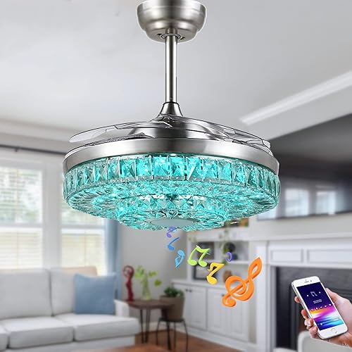 FANEPRO Ventilador de techo de cristal de 42 pulgadas con control remoto de luces, lámpara inteligente con altavoz Bluetooth, aspas retráctiles, 7