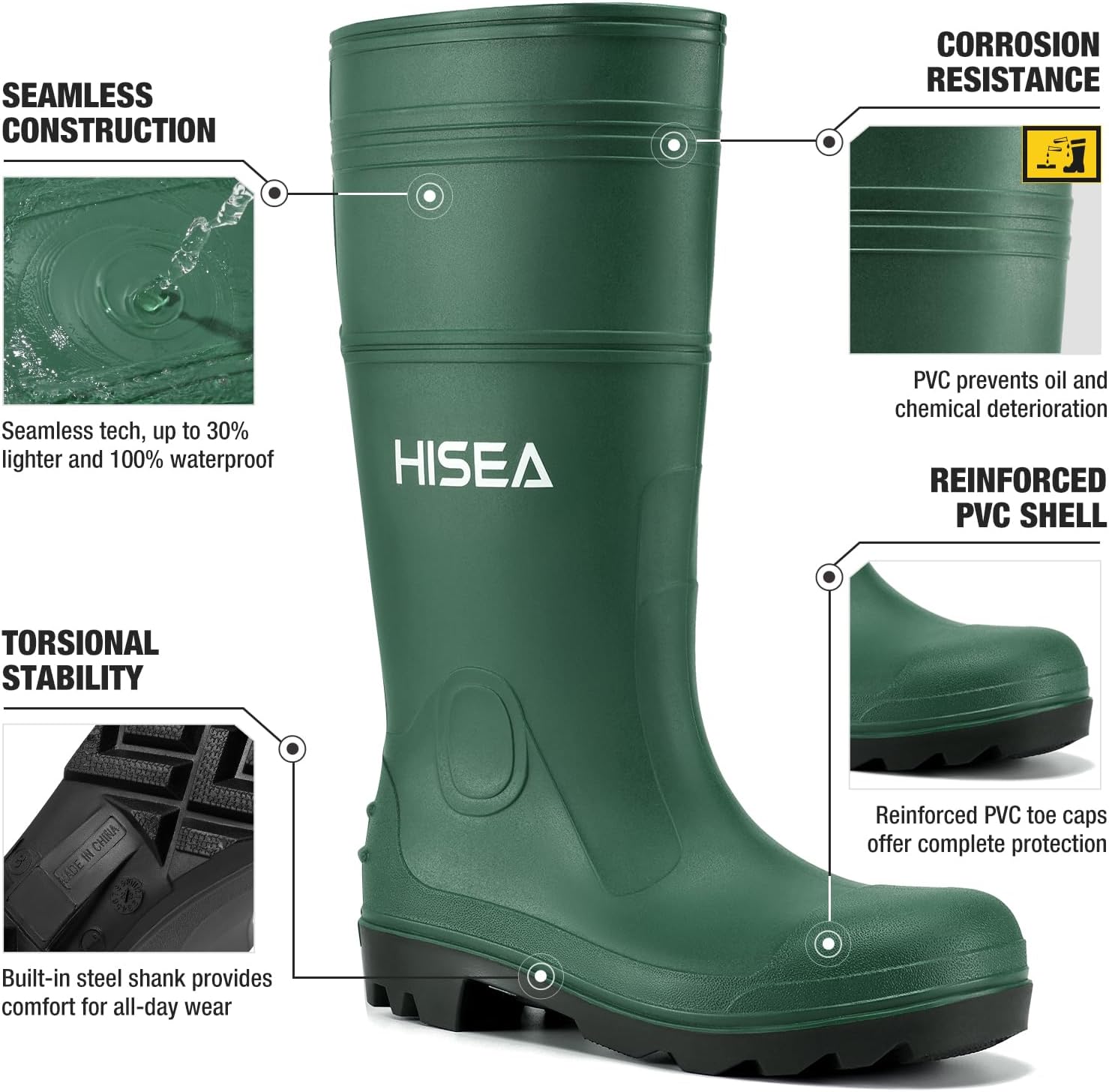 HISEA Men's Steel Shank Rain Boots, Waterproof PVC Rubber Boots, Garden Fishing Non-Slip Ourdoor Work Boots, Lightweight Seamless Knee High Mud Rainboots for Agriculture and Industrial Working