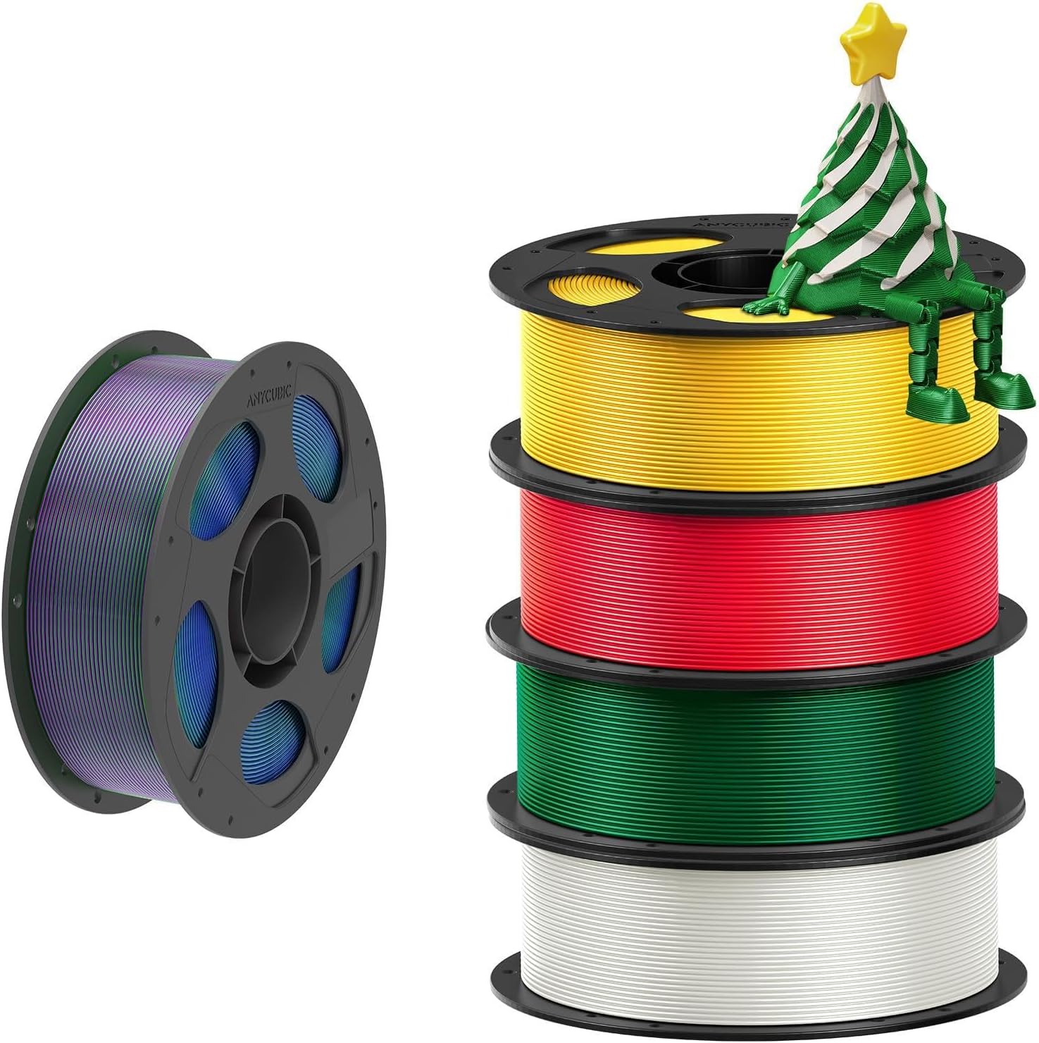 ANYCUBIC Christmas Silk PLA Bundle 4kg & Silk Tri Color Blue Green Purple 1kg, 3D Printer Filament, 5kg in Total