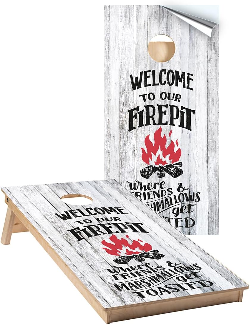 Cornhole Wraps #434 -Welcome to Our Firepit Cornhole Graphic Decals - Includes Application Squeegee - Set of (2) 25" x 49" Wraps with Gloss Laminate