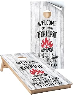 Cornhole Wraps #434 -Welcome to Our Firepit Cornhole Graphic Decals - Includes Application Squeegee - Set of (2) 25" x 49" Wraps with Gloss Laminate
