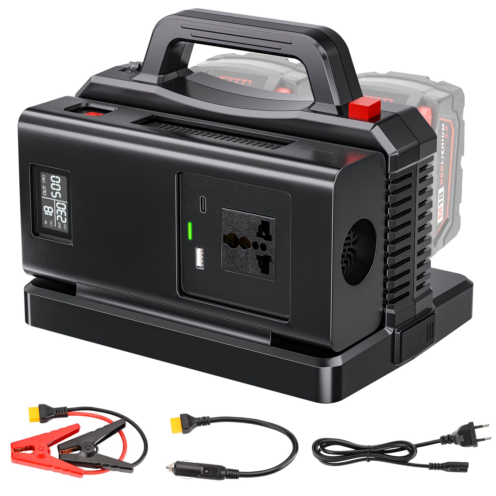 Adisipsoarin 500W Wechselrichter mit Reiner Sinuswelle für Milwaukee M18 18V Batterie (ohne Batterie), 18V auf 230V Spannungswandler, mit Dual-USB-Anschluss und EU-Steckdosen, Inverter (2-Ports)