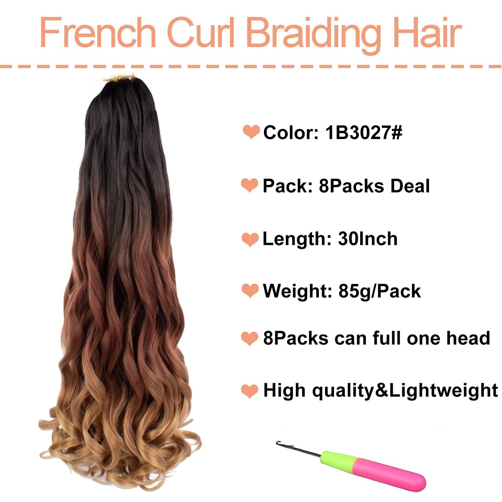Mscat 30 Inch 8 Packs Pre Stretched French Curly Braiding Hair Loose Wave Bouncy Hair Extensions 1B3027#, 30 Inch (Pack of 8) - Image 2