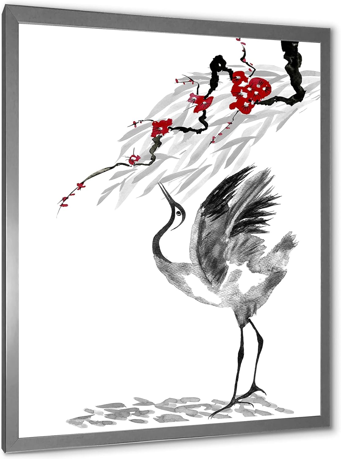 Japanese Cranes Bird Drawing With Red Flowers Traditional Framed Wall Art