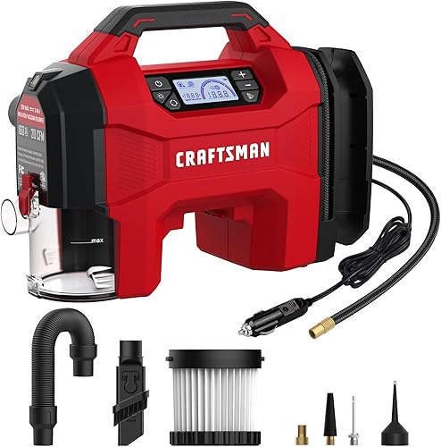 CRAFTSMAN Infladoraspiradorsoplador 3 en 1, compresor de aire portátil con luz LED, aspiradora o soplador silencioso para automóvil, 160 PSI para