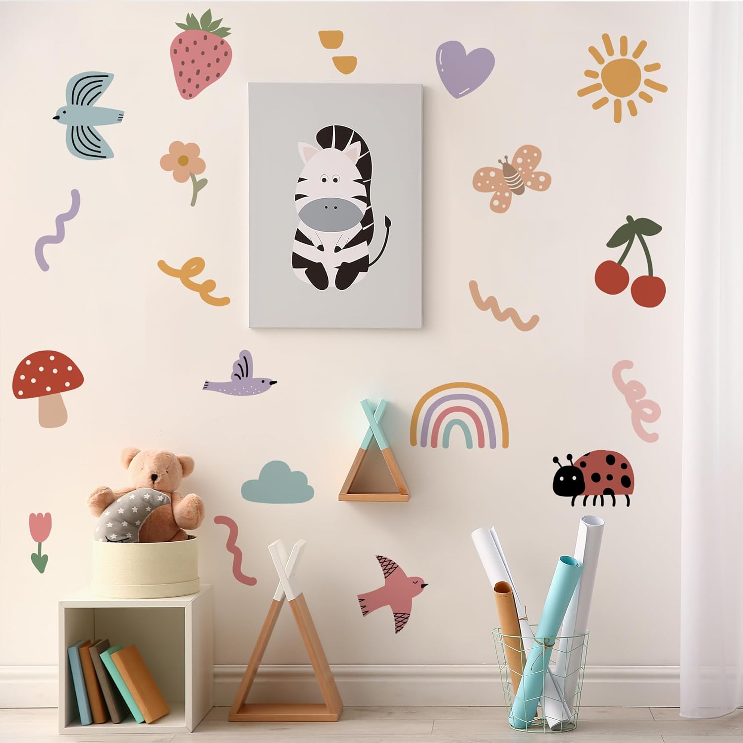 Insect Fruit Wall Decals,Watercolor Doodle Wall Stickers Decor,Peel and Stick Butterfly Mushrooms, Strawberries, Cherries Decals for Kids Bedroom Nursery Playroom Living Room and Bedroom Decoration