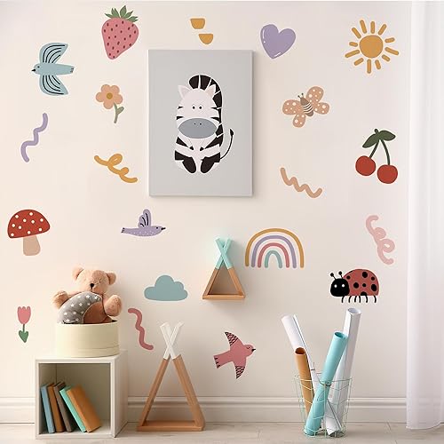 Calcomanías de pared de insectos de frutas, calcomanías de pared de garabatos de acuarela, decoración de hongos de mariposa, fresas y cerezas para