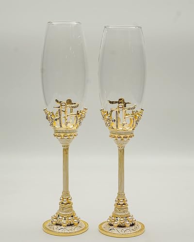 Quinceañera Sweet 15 Champagne Toasting Flautas y cuchillo para pasteles dorado solo flautas de champán