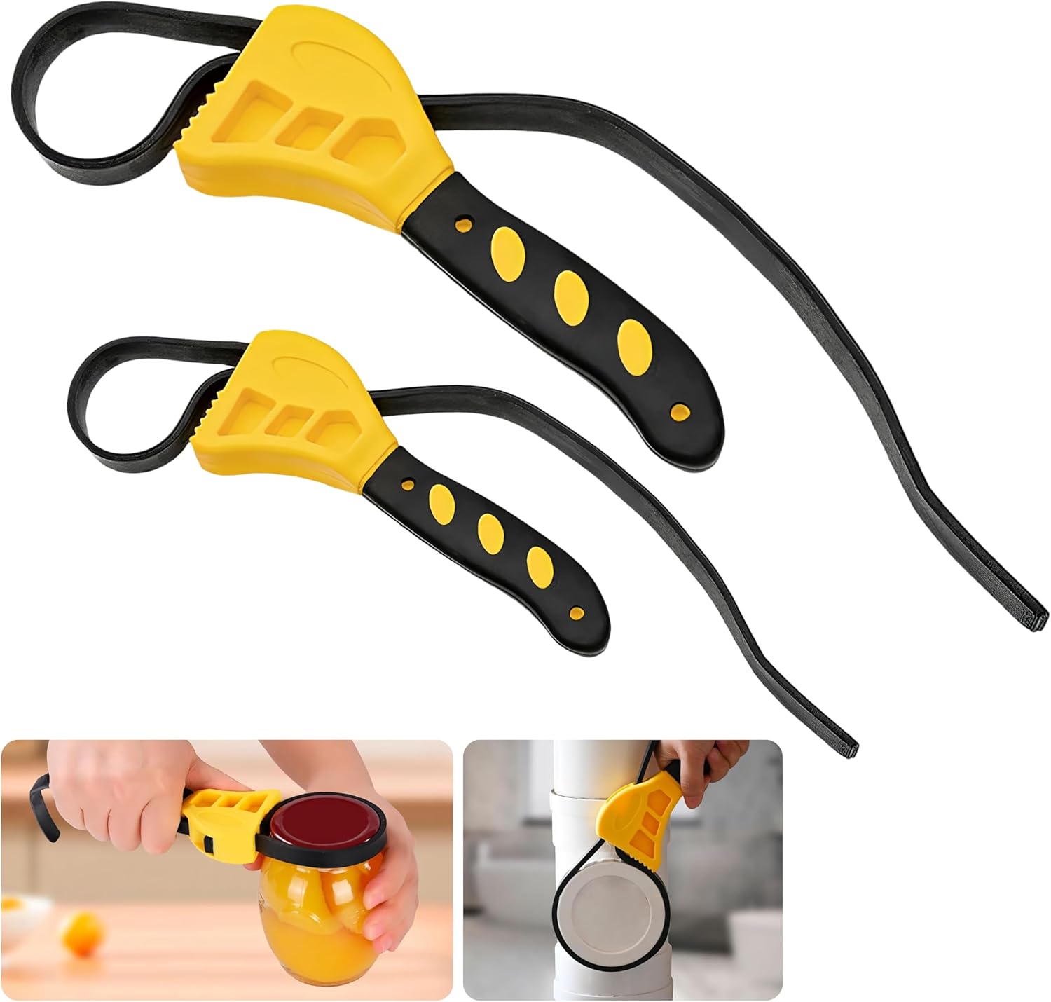 2-Pack Adjustable Rubber Strap Wrench Set, 8" & 6" – Heavy-Duty Non-Slip Oil Filter Wrench & Jar Opener for Plumbing, Water Filter, Shower Head, Sink, Faucet, Pipes & Automotive Use (Yellow)