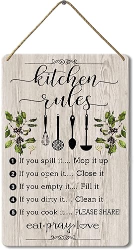 Isaric Letrero de reglas de cocina de 9.2 x 14 pulgadas, divertido letrero de reglas de cocina de madera rústica, decoración de pared de madera