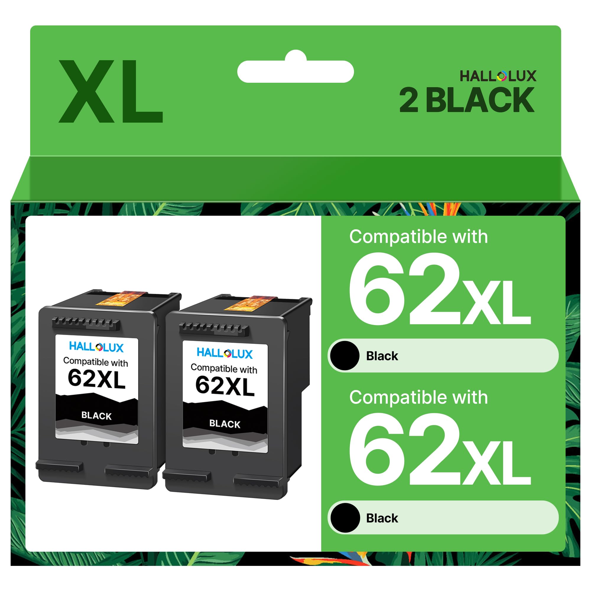 HALLOLUX 62XL Schwarz kompatibel für HP 62 Druckerpatronen 62 XL, für HP Envy 5540 Druckerpatronen 7640 5544 5545 5548 5640 5646, für HP OfficeJet 5742 5740 5744 200 250 258 Drucker (2er-Pack)