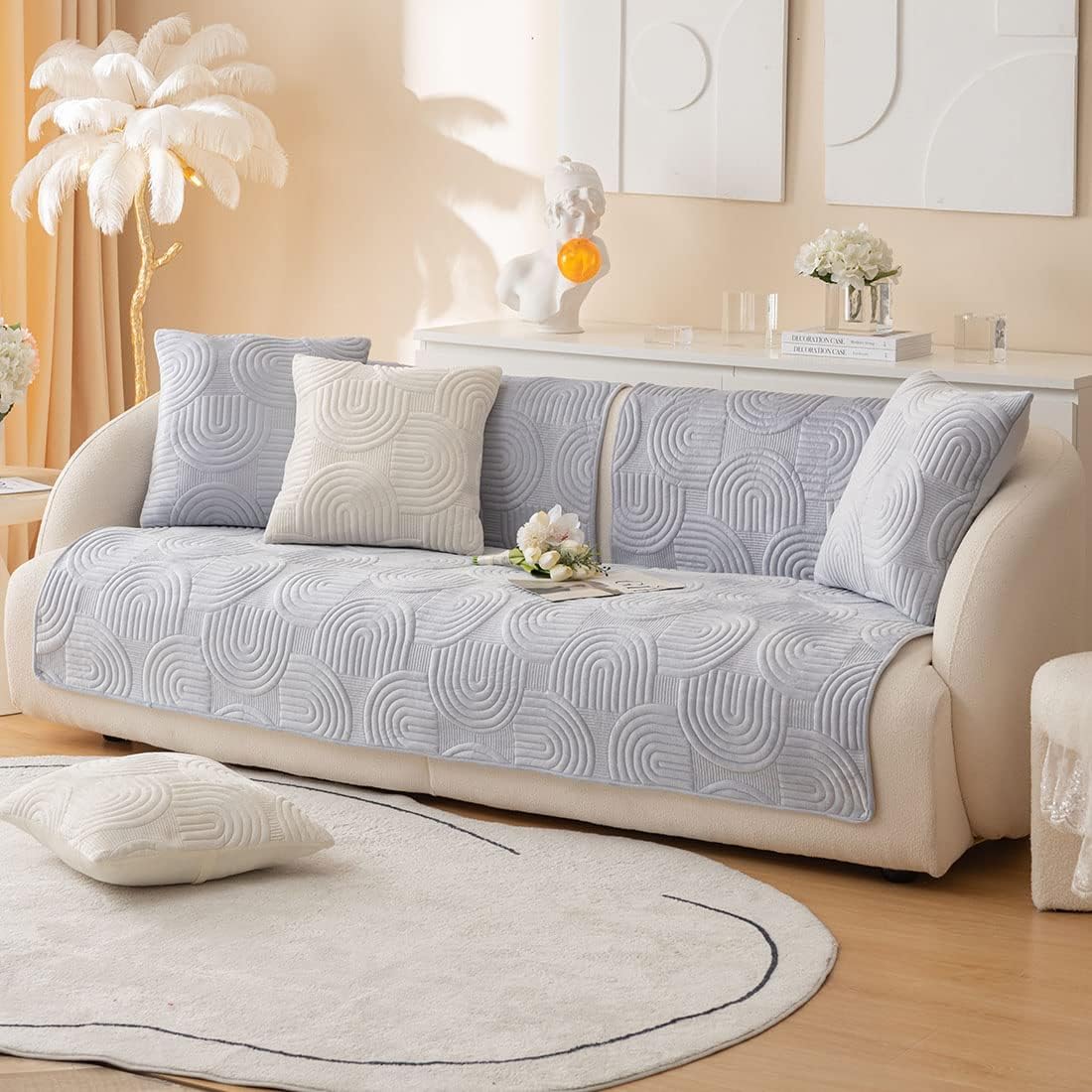 Soft Plush Geometric Quilted Couch Sofa Cover Boho Non Slip Fuzzy Sectional Couch Cover Solid Color Washable Sofa Slipcover Furniture Protector for Kids Dogs Cats (Gray,36"x102")