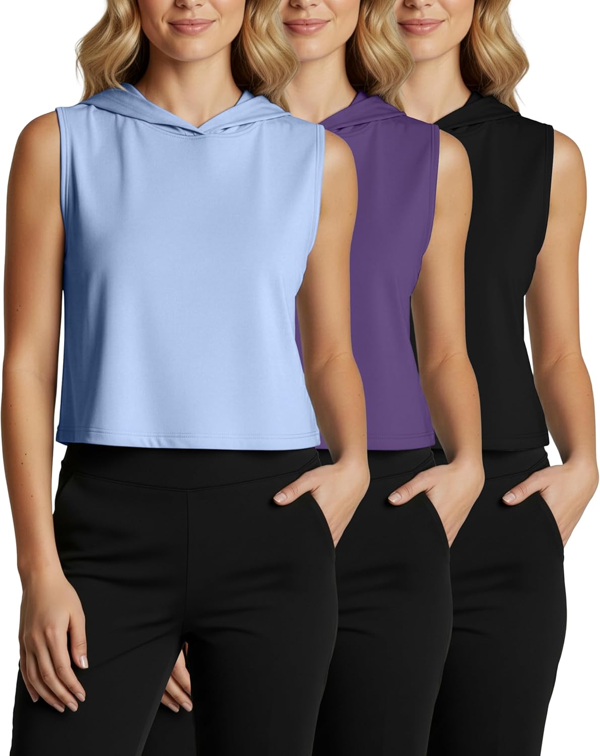 Real Essentials 3 Pack: Women's Dry-Fit Sleeveless Cropped Tank Top Hoodie - Athletic Crop Sweatshirt