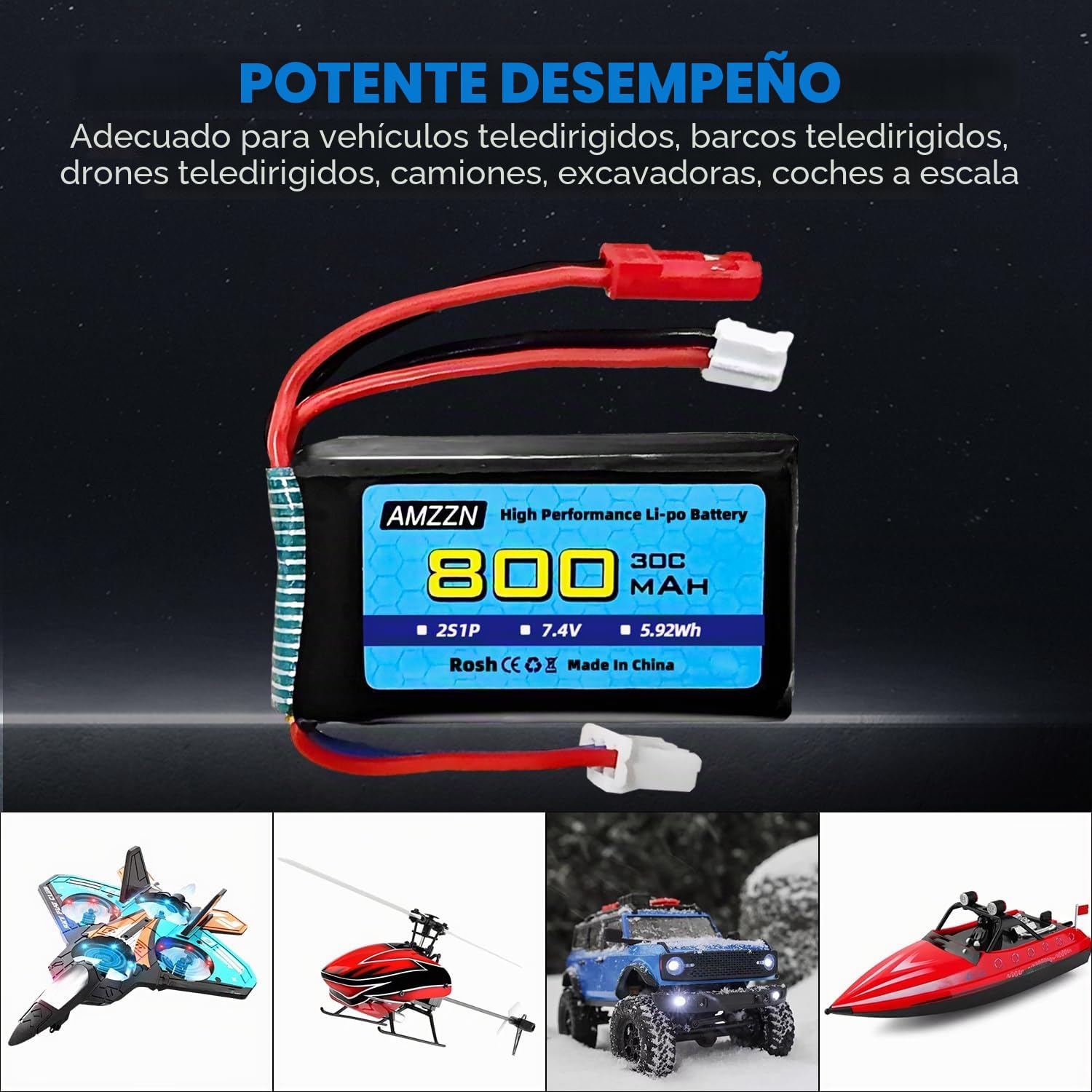 2 Unidades 7,4V 2S 30C 800mAh Lipo batería JST Enchufe y Enchufe PH2.0 con Cargador 2 en 1 Adecuado para vehículos SCX24 RC, Compatible con la mayoría de los Camiones RC y Drones