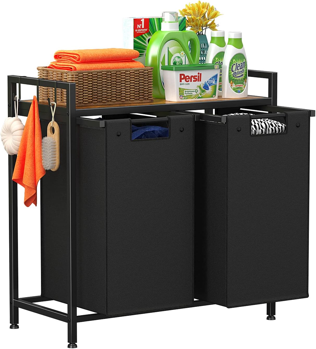 Helsin Double Laundry Hamper, Large Portable Laundry Basket, Laundry Sorter with Top Shelf and 2 Bag with Handle for Folding Clothes, Save Space, Black
