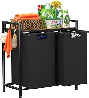 Helsin Double Laundry Hamper, Large Portable Laundry Basket, Laundry Sorter with Top Shelf and 2 Bag with Handle for Folding Clothes, Save Space, Black
