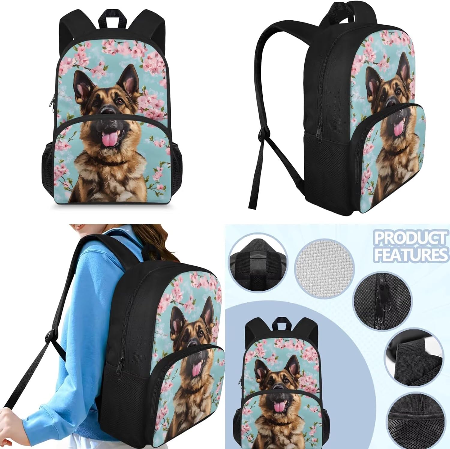 German Shepherd Backpack and Lunch Bag Set for Girls 10-12/8-12/6-8 Dog Elementary School Bookbag with Lunch Box Set Cherry Blossom Teens Kids Middle Studet Back Pack Lunchbox Pencil Case