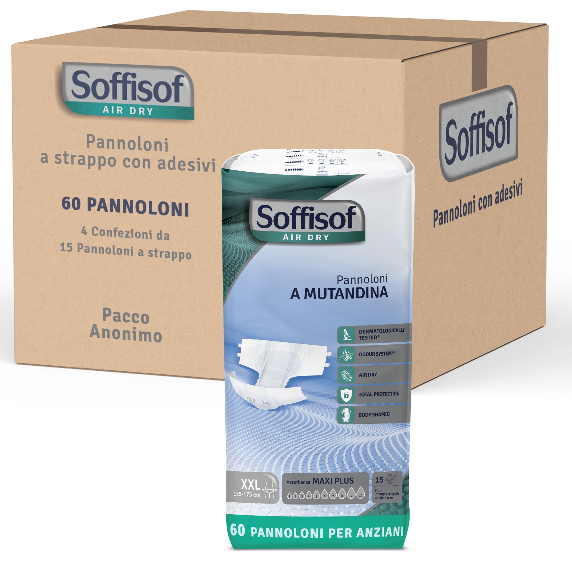 Soffisof Air Dry Pañales Adultos Maxi Plus XXL - 60x Pañales Adultos Maxima Absorcion Hasta 10 Gotas - 4 Paquetes de 15 Unidades - Incontinencia Hombre y Mujer