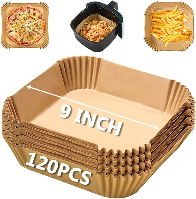 Fogli di Carta per Friggitrice Ad Aria, 100 Pcs Carta Pergamena Quadrata Carta Forno per Friggitrice Ad Aria, Carta Pergamena Perforata per Friggitrice Ad Aria Cottura a Vapore (7in