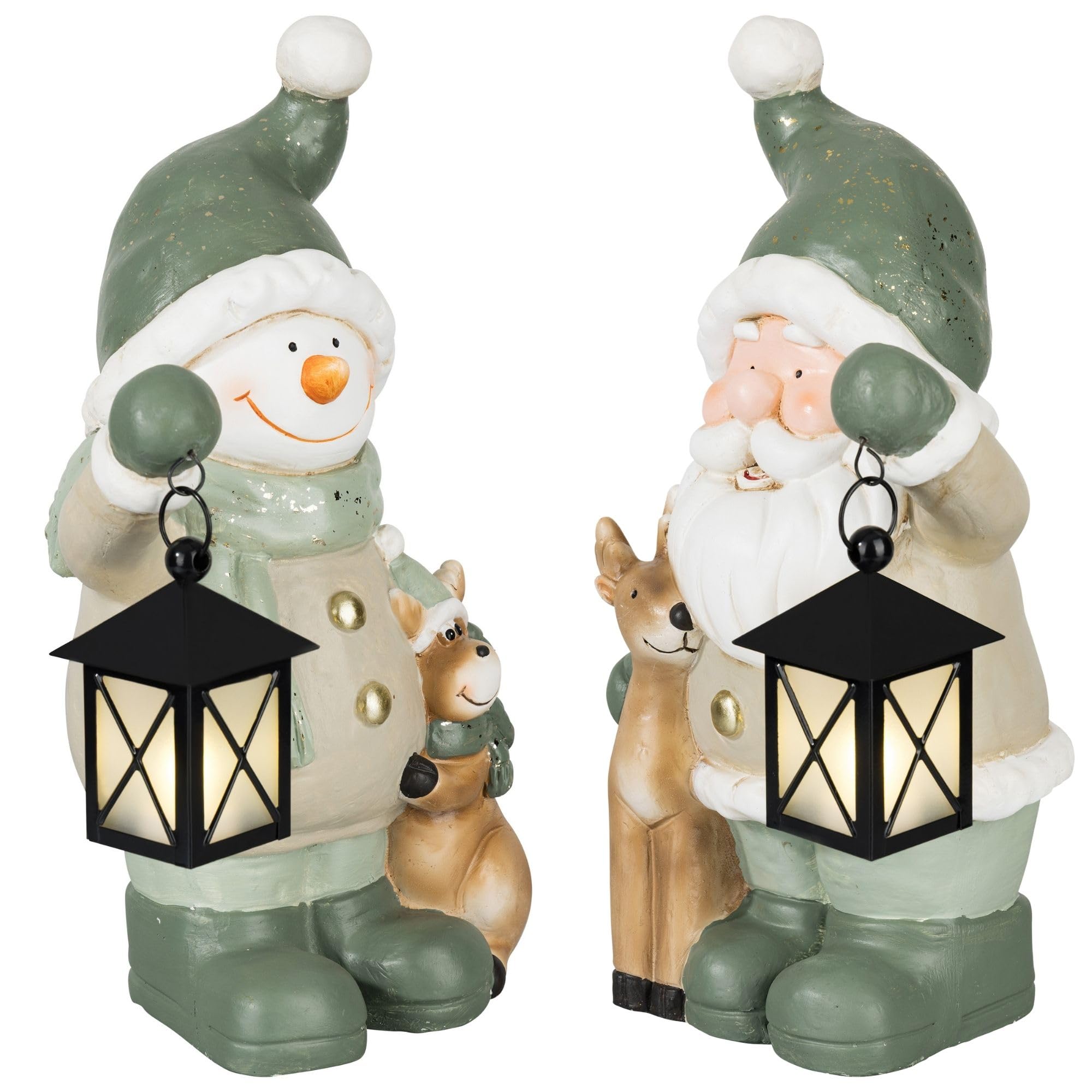 Weihnachtsdeko Figuren Groß 42cm Weihnachtsfiguren Beleuchtet Innen LED Figuren Weihnachten mit Timer Winterdeko Fensterbank Deko Figur mit Laterne Wohnzimmer Wichtel Elch Schneemann Santa Claus