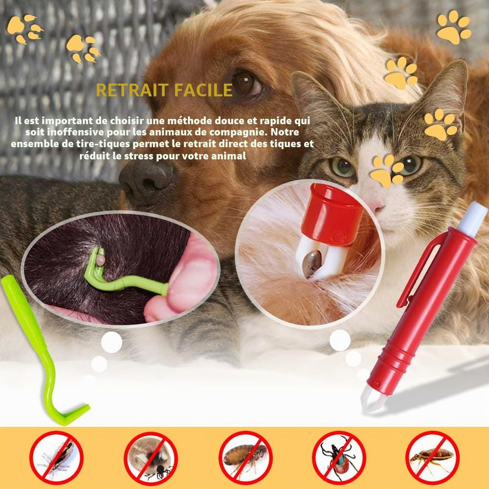 5 Pièces Anti-tiques - 3 Crochets à Tiques et 2 Pinces à Tiques Ensemble, Dissolvant sans Douleur pour Chiens, Chats et Humains Animaux de Compagnie (Rouge, Vert)