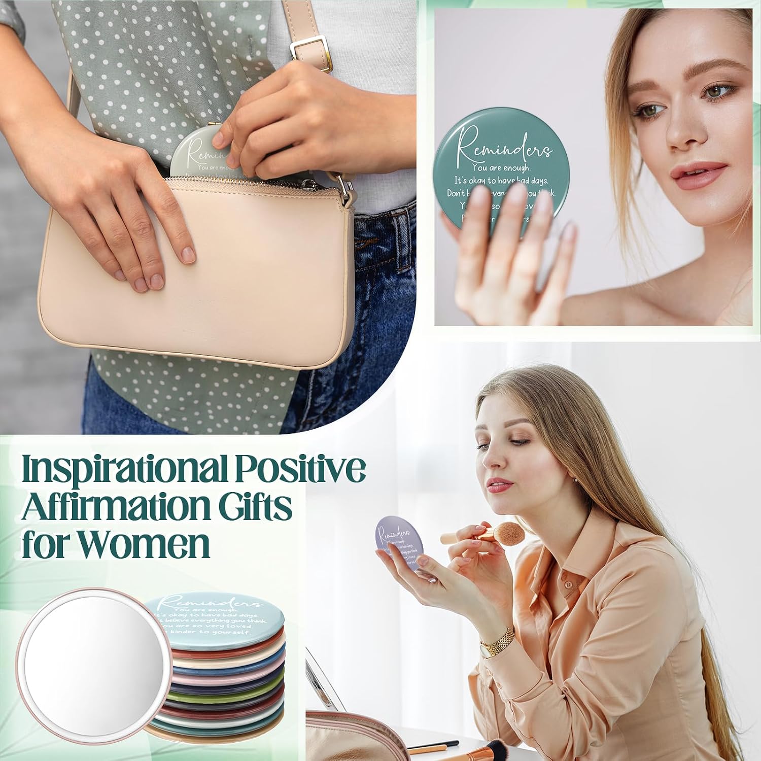 DoubleFill 48 Pcs Mental Health Awareness Gifts Bulk Therapists Colored Compact Pocket Mirrors Positive Affirmation Gifts for Women Ladies Teacher Staff Coworker Employee Appreciation Gift (Classic)