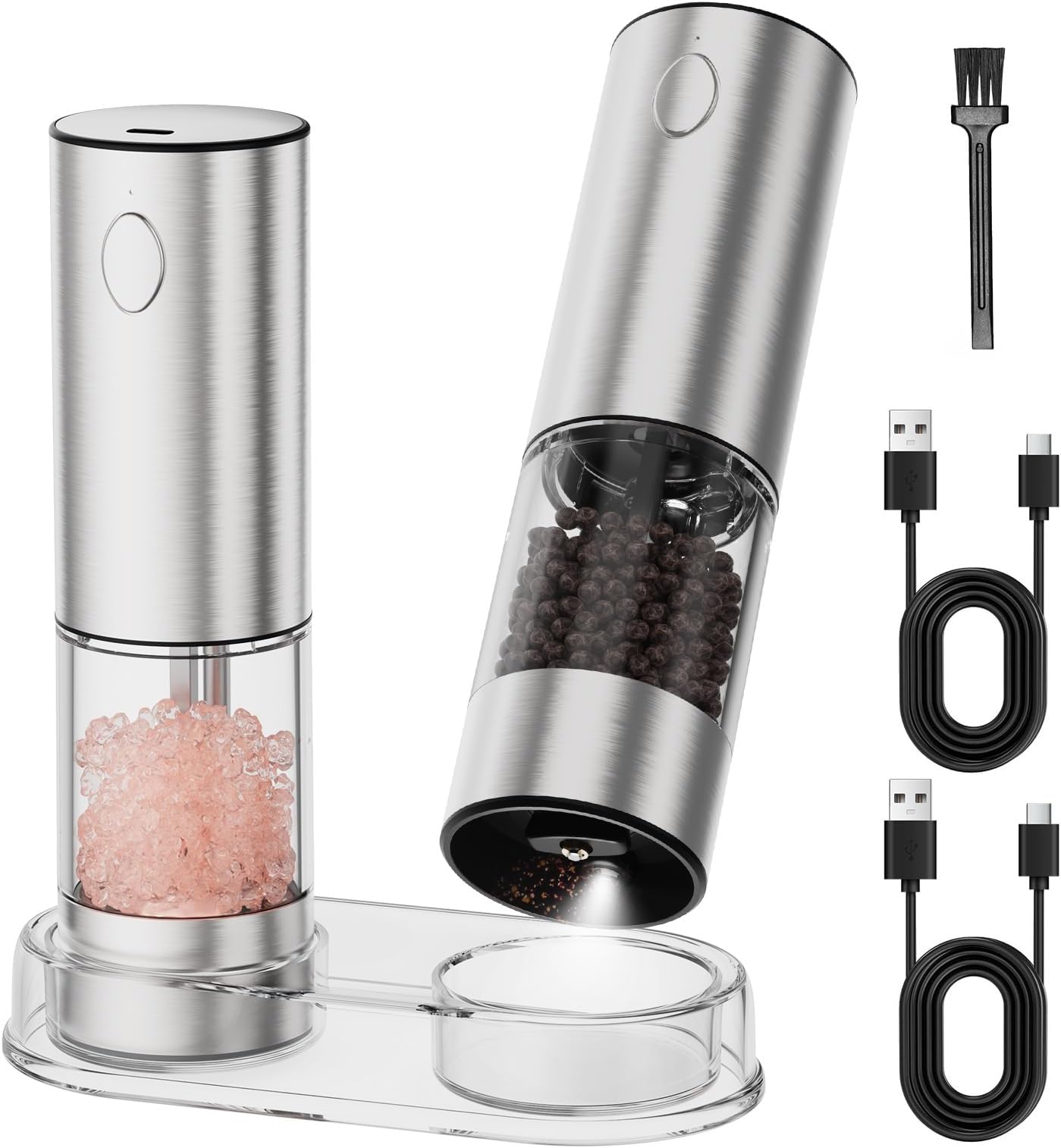Electric Salt and Pepper Grinder Set, Rechargeable Automatic Salt Pepper Shakers Mills, Adjustable Coarseness Easy Filling with Base&Cover, for Kitchen Outdoors Gift (Silver Stainless Steel 3.4 oz)