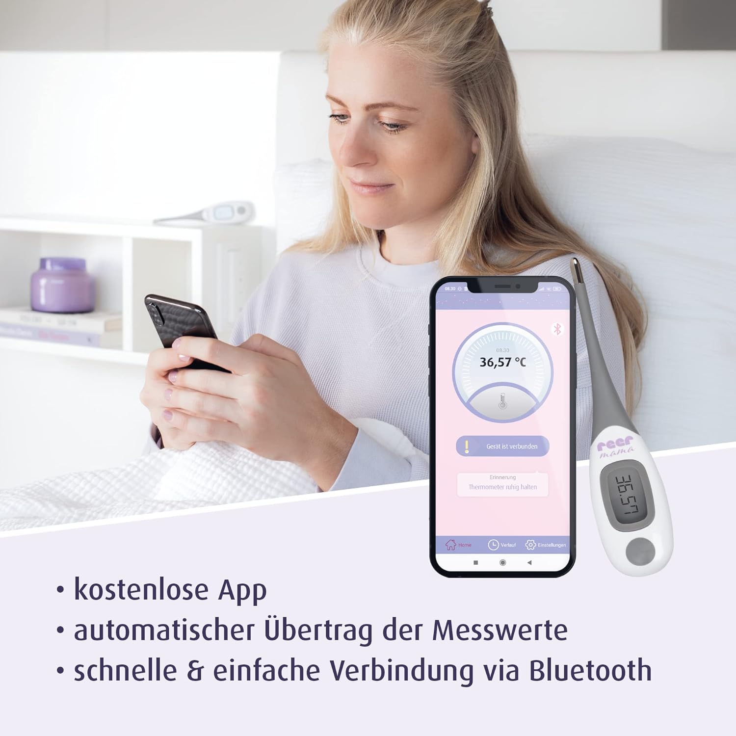 Woman holding a smartphone displaying the Reer Mama app connected to the basal thermometer, showing a temperature reading of 36.57 °C. Text indicates 'free app', 'automatic transfer of measurement values', and 'fast & easy connection via Bluetooth'.
