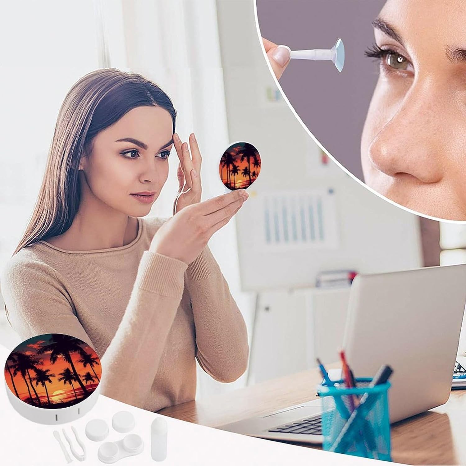 Palm Tree Summer Sunset Contact Lens Case with Mirror, Portable Contact Lens Box with Solution Bottle, Glasses Travel Holder with Tweezers, Contact Case Storage for Women Men