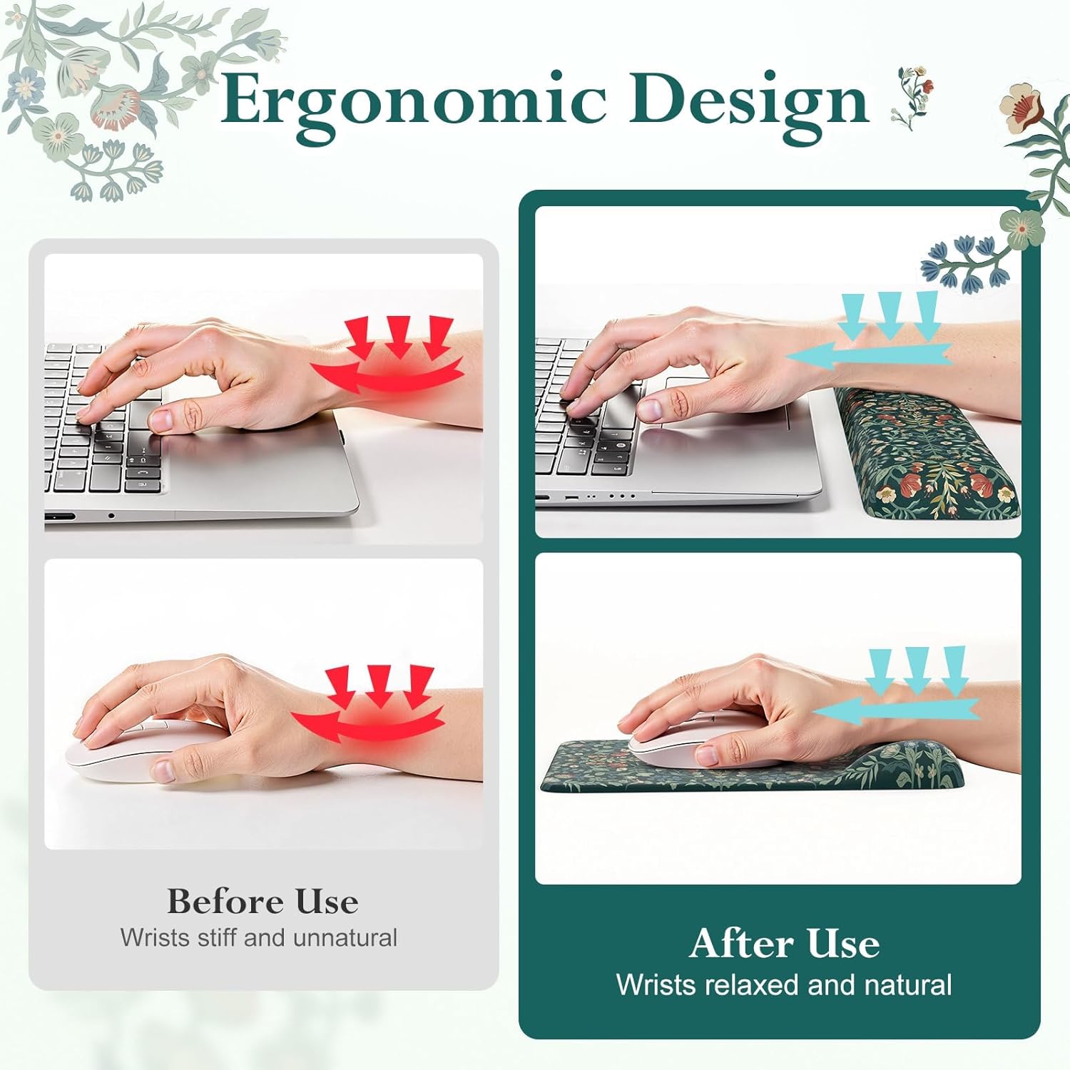iLeadon Mouse Pad and Keyboard Wrist Rest, Extra Large Mouse Pad Set, Memory Foam Wrist Support for Keyboard, Ultra Smooth Dark Green Desk Mat Sets for Office Women(Floral)