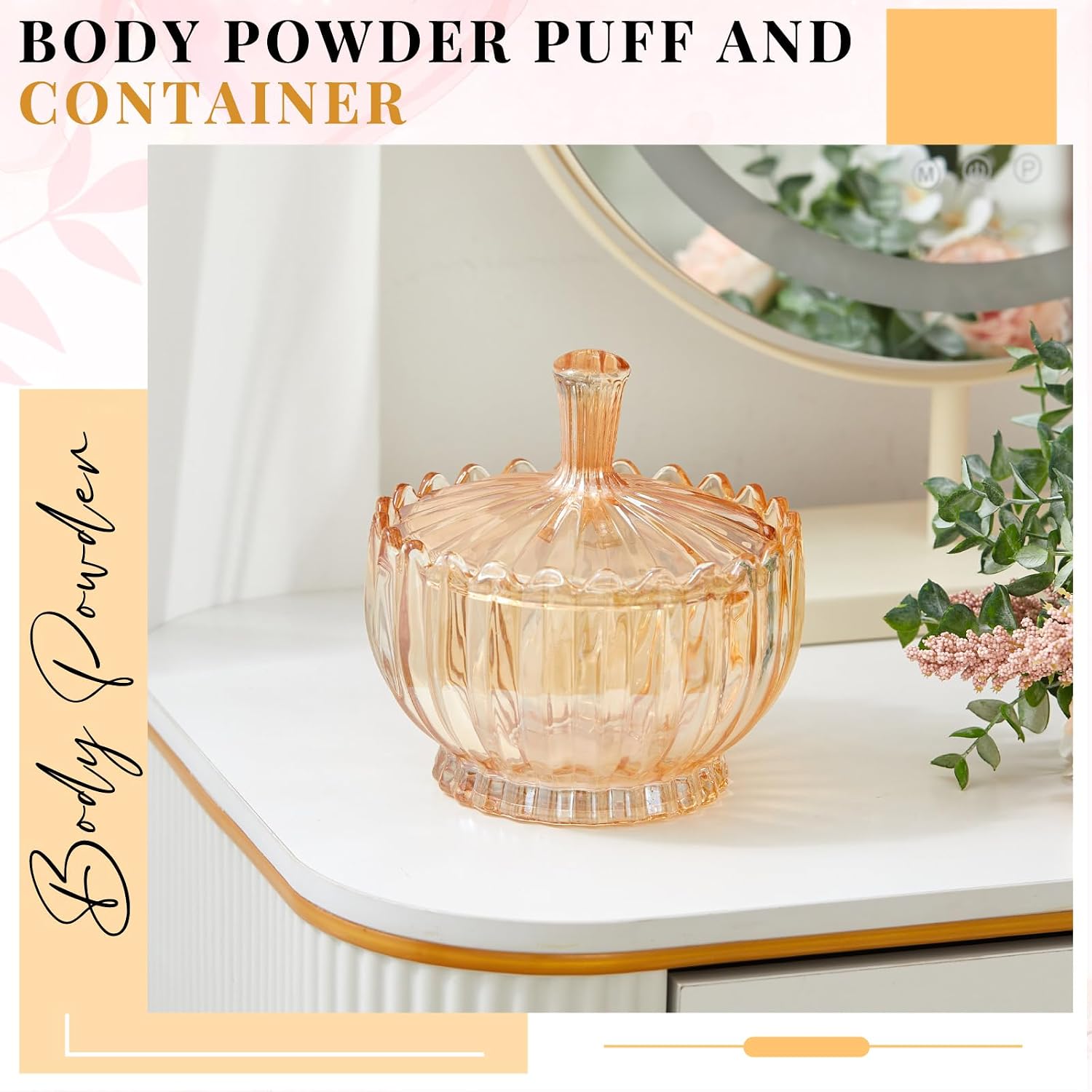 Tioncy 2 Pcs Extra Large Dusting Powder Puff and Container for Women-6'' Glass Crystal Dusting Powder Container with Body Soft Washable Reusable Velour Face(Amber,Scalloped)