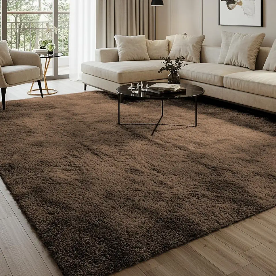 Tapete Felpudo Luxo, 230x200 cm, Base Antiderrapante, Retangular, Macio e Confortável para Sala e Quarto (Marrom)