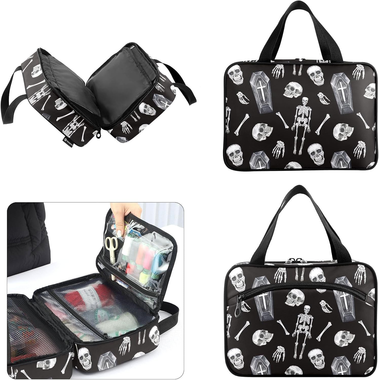 Sewing Supply Organizer Bag, Gothic Skull Skeleton Coffin Black Portable Sewing Bags with Pockets&Hanger, Sewing Storage Box Case for Sew Supplies/Kit/Tools/Accessories (BAG ONLY)