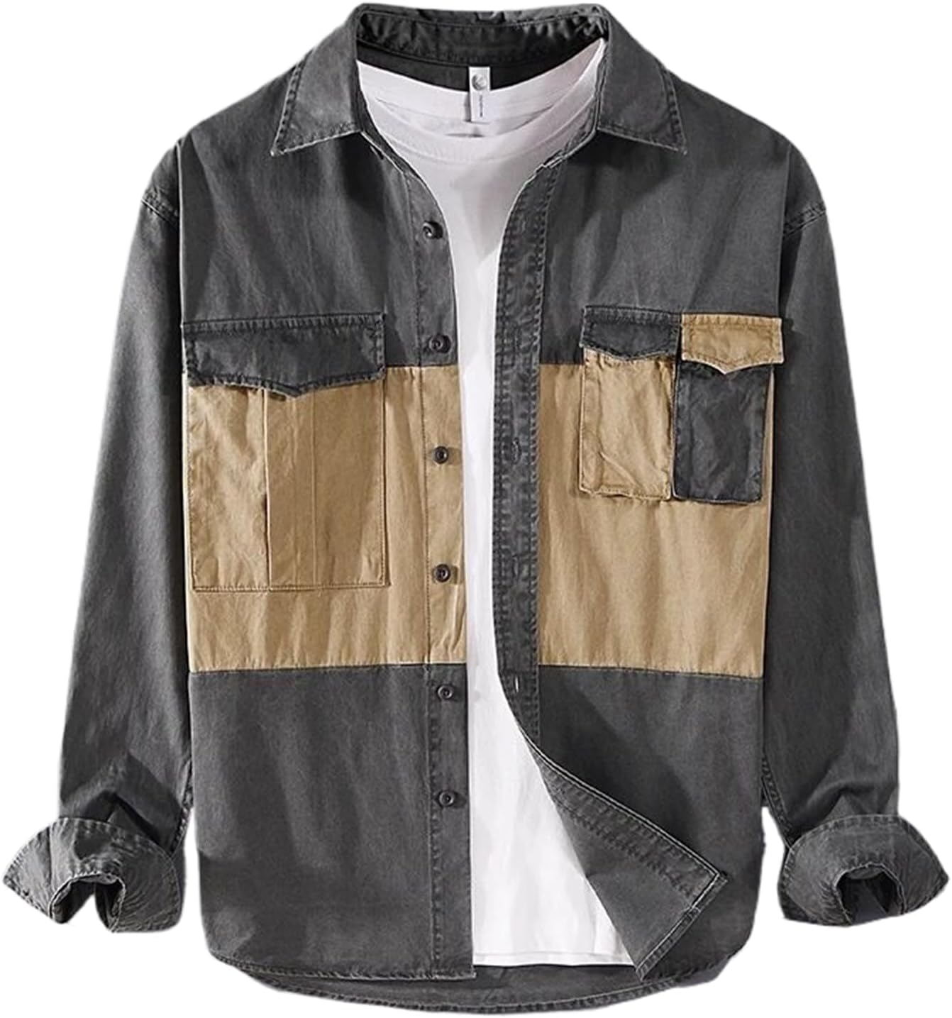 Long-Sleeve Casual Cotton Shirts for Men Multi-Pocket Thick Work Tops