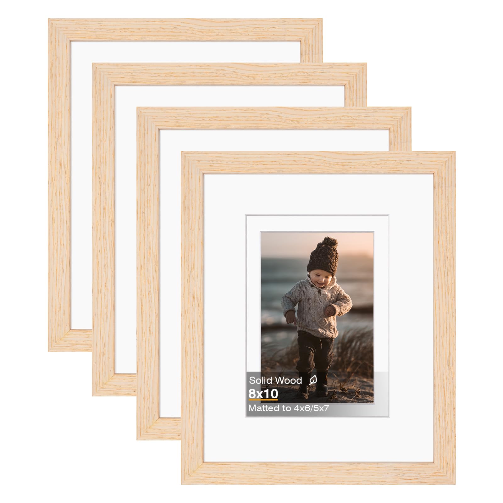 Photo 1 of KINLINK 8x10 Picture Frame White Oak, Solid Light Wood Frames with Acrylic Plexiglass for Pictures 4x6/5x7 with Mat or 8x10 without Mat, Tabletop and Wall Display, Set of 4