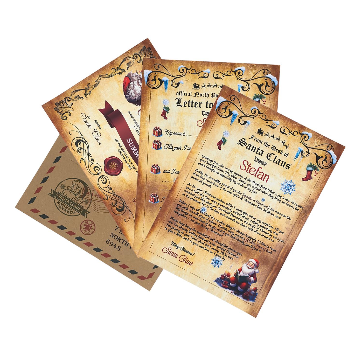 Personalised Letter from Santa Kit Christmas Santa Letter Set Letter to Santa Set Father Christmas Nice List Certificate & Envelope