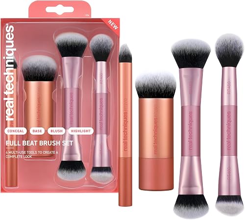 Real Techniques Full Beat Makeup Brush Set, 4 Piece Brush Kit for Foundation, Concealer, Blush, Contour, Highlight & Powder Blending, Travel Set, Soft UltraPlush Bristles, Cruelty-Free