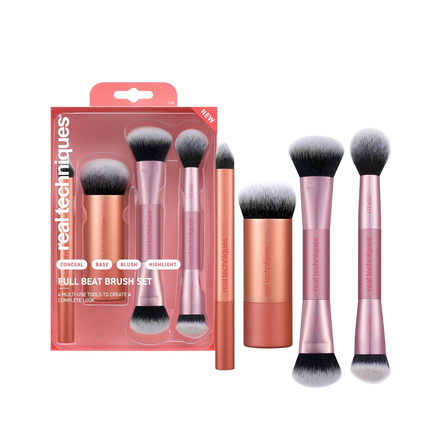 Real Techniques Full Beat Makeup Brush Set, 4 Piece Brush Kit for Foundation, Concealer, Blush, Contour, Highlight & Powder Blending, Travel Set, Soft UltraPlush Bristles, Cruelty-Free