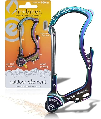 Miniatura 30 de OUTDOOR ELEMENT Firebiner Custom Engraved 6-in-1 Fire Starter Carabiner Multitool – Survival Gear EDC Keychain with Utility Blade, Bottle Opener, GT