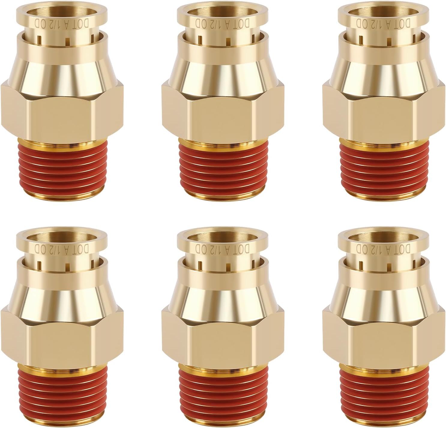 6PCS DOT Push to Connect Brass Straight Air Brake Fitting (1/2"OD×1/2"NPT) | Kalolary Brass DOT Line Fittings Air Brake Line Fittings, Air Suspension Kit, Air Hose Repair Kit for Car Machinery