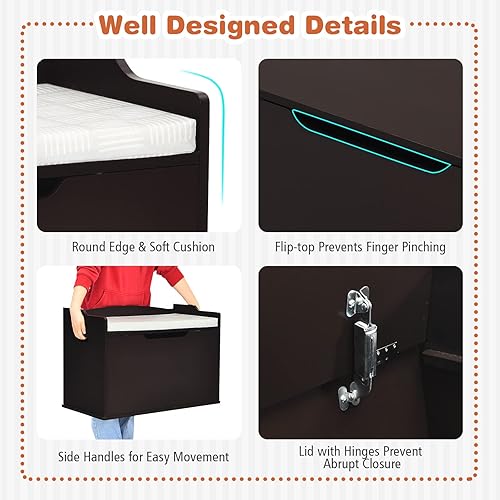 Miniatura 3 de Costzon Baúl de madera para juguetes para niños, caja ancha de almacenamiento para juguetes con asiento de banco, caja de almacenamiento de juguetes