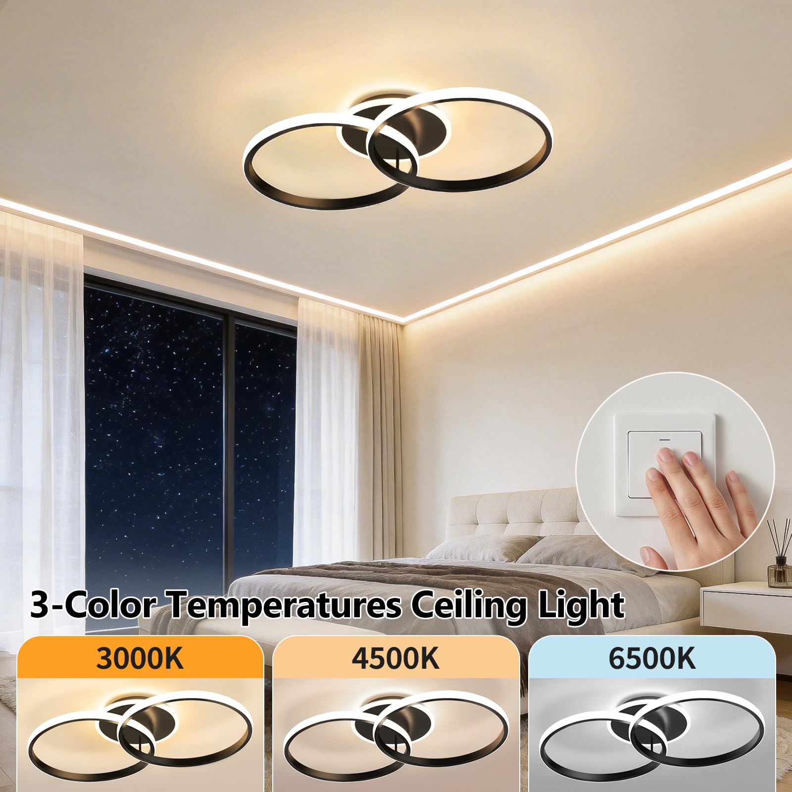 Plafonnier LED Moderne 36W, 3000K/4500K/6500K Lampe Plafond 4320lm CRI≥80, Luminaire Plafonnier pour Salon, Chambre, Bureau, Cuisine et Couloir avec Fonction Mémoire Noir