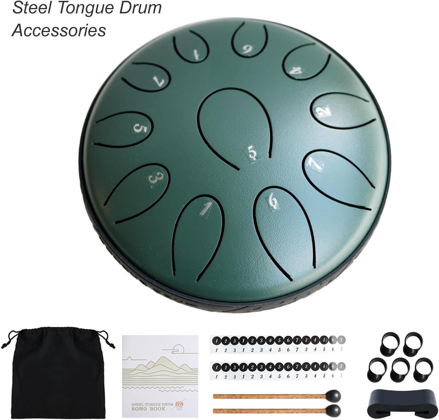 Steel Tongue Drum 6 Inch 11 Notes D Major – Rain Drum Style Calming Sound Healing Instrument for Meditation, Relaxation & Yoga – Easy for Beginners with Full Accessories Gift Set(Stone Green)
