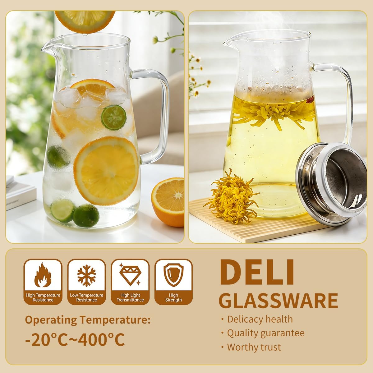 Glass Water Pitcher with Stainless Steel Lid, Hot/Cold Water Jug1.4L Borosilicate Glass Carafe, 1.48qt Beverage Pitcher with Handle Juice and Iced Tea Beverage Dishwasher Safe