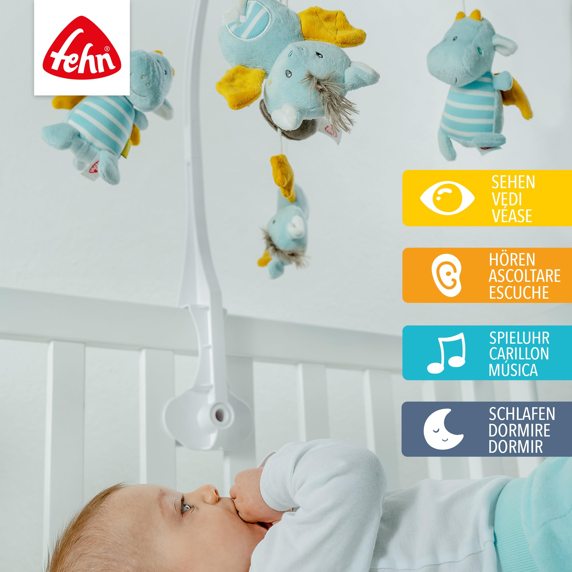 Fehn giostrina musicale Little Castle - mobile da appendere con melodia musicale ninna nanna di Mozart e personaggi per calmare e intrattenere - Con fissaggio al letto per bambini da 0 a 5 mesi