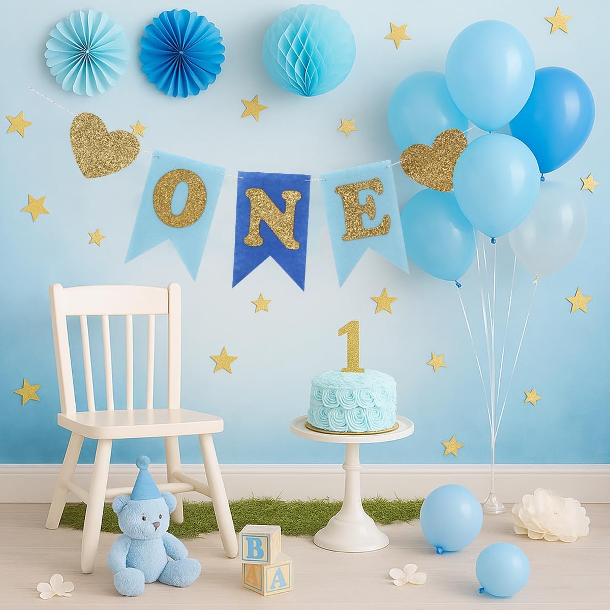 DIY One Highchair Banner First Birthday Banner Sign Decoration, Blue 1st Happy Birthday High Chair Banners for Babies Photo Prop Party Decoration Indoor Outdoor
